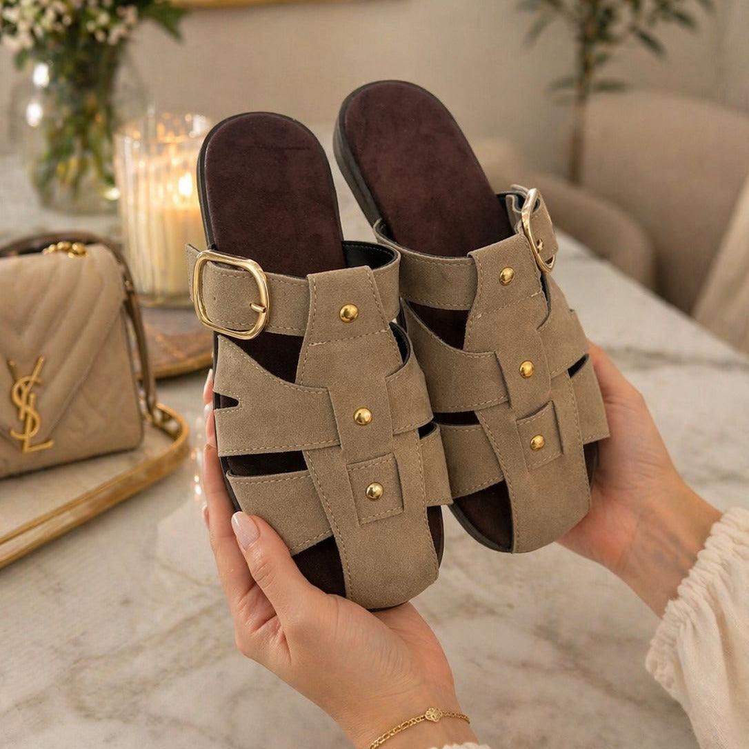 Ballis Model Suede Slippers with Belt Detail