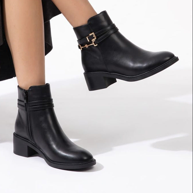 Buckled Strap Low-Heel Ankle Boots