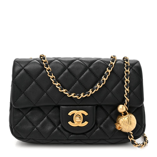 Lambskin Quilted Mini Rectangular Pearl Crush Flap Black