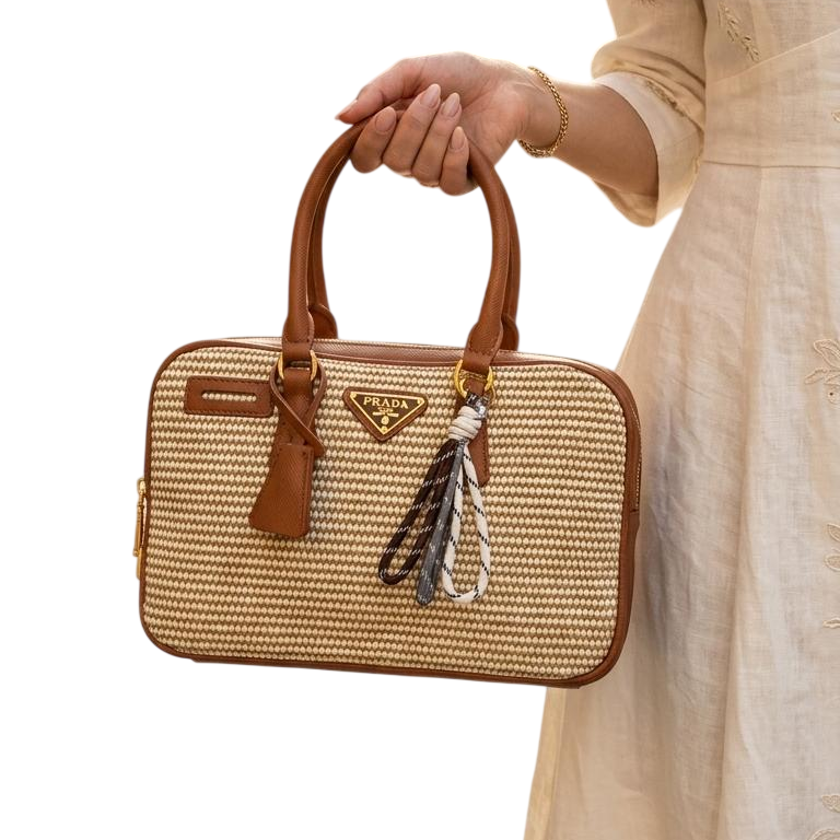 Mini wicker and linen blend tote bag