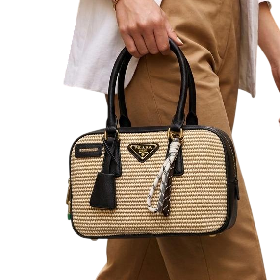 Mini wicker and linen blend tote bag