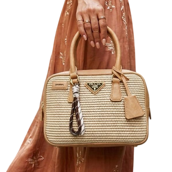 Mini wicker and linen blend tote bag