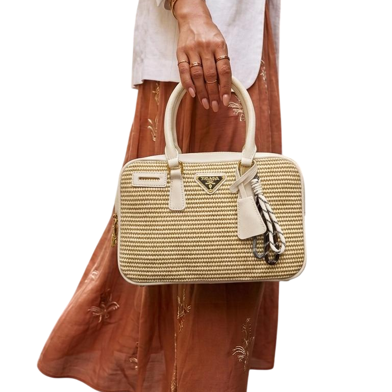 Mini wicker and linen blend tote bag