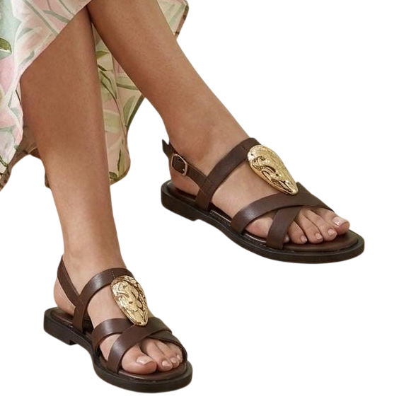 Golden Medallion Leather Flat Sandals
