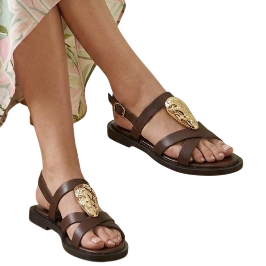 Golden Medallion Leather Flat Sandals