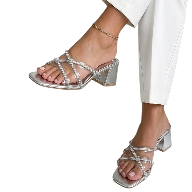 Rhinestone Strappy Block Heel Mule
