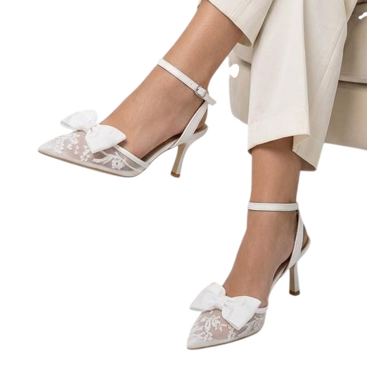 Lace Bow Pointed-Toe Ankle-Strap Pumps