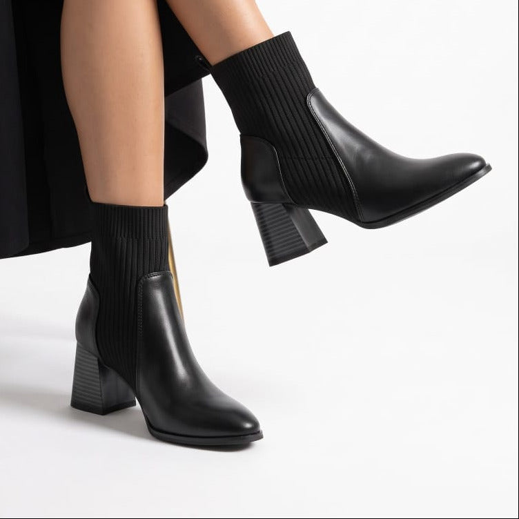 Ribbed Knit Block-Heel Ankle Boots