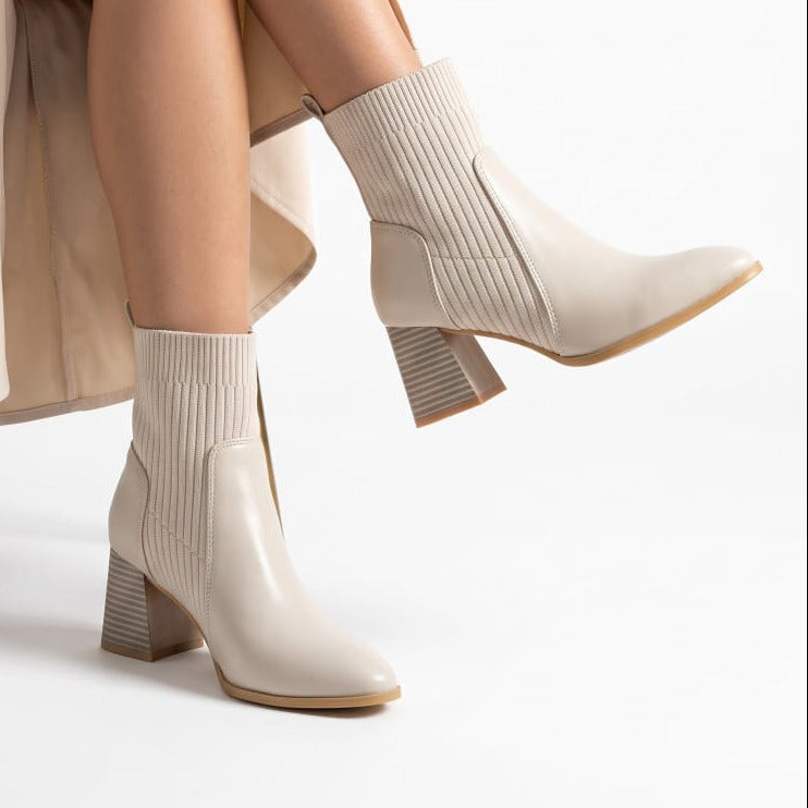 Ribbed Knit Block-Heel Ankle Boots